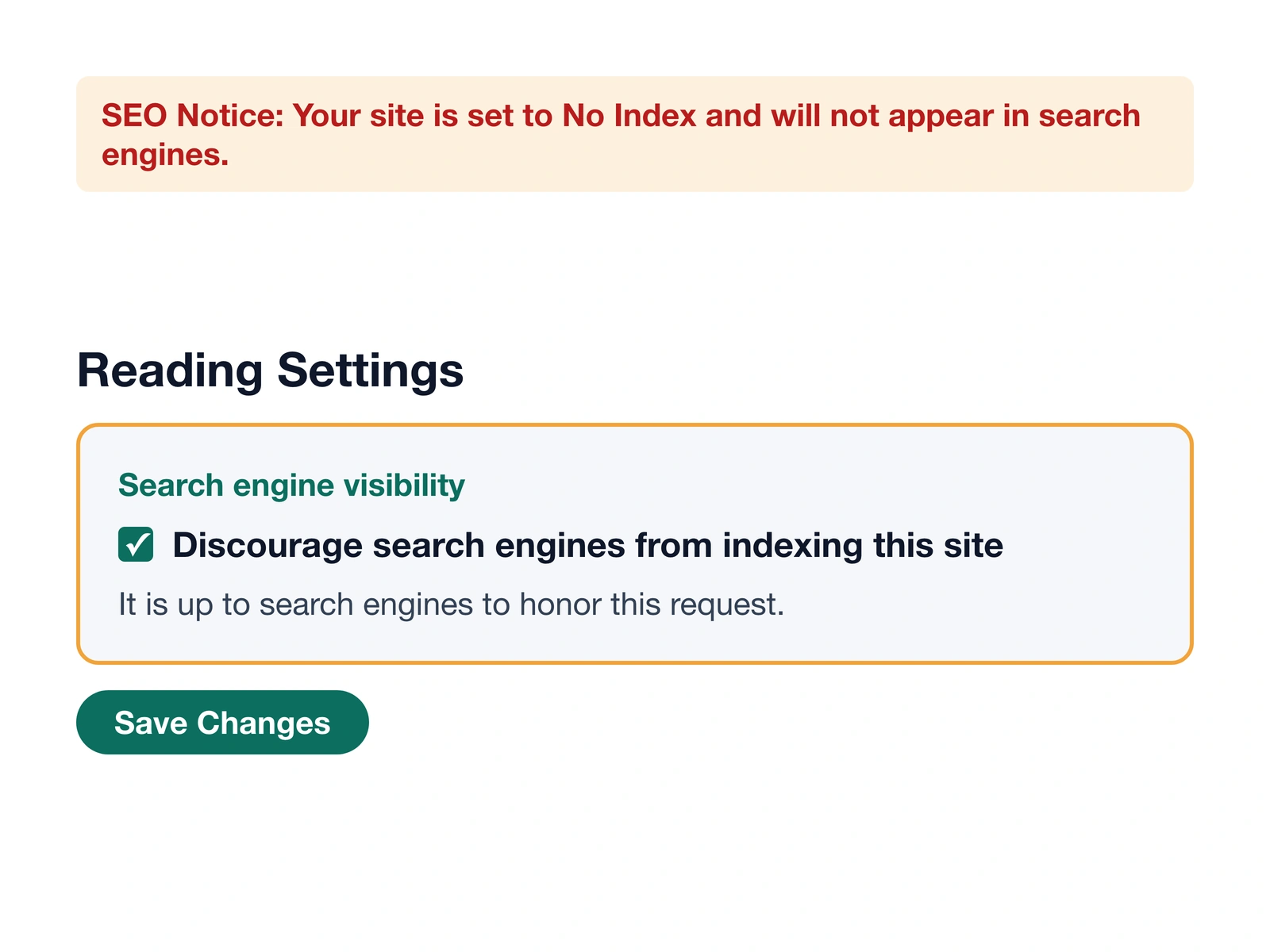 Recreation of WordPress Reading Settings with the discourage search engines checkbox checked